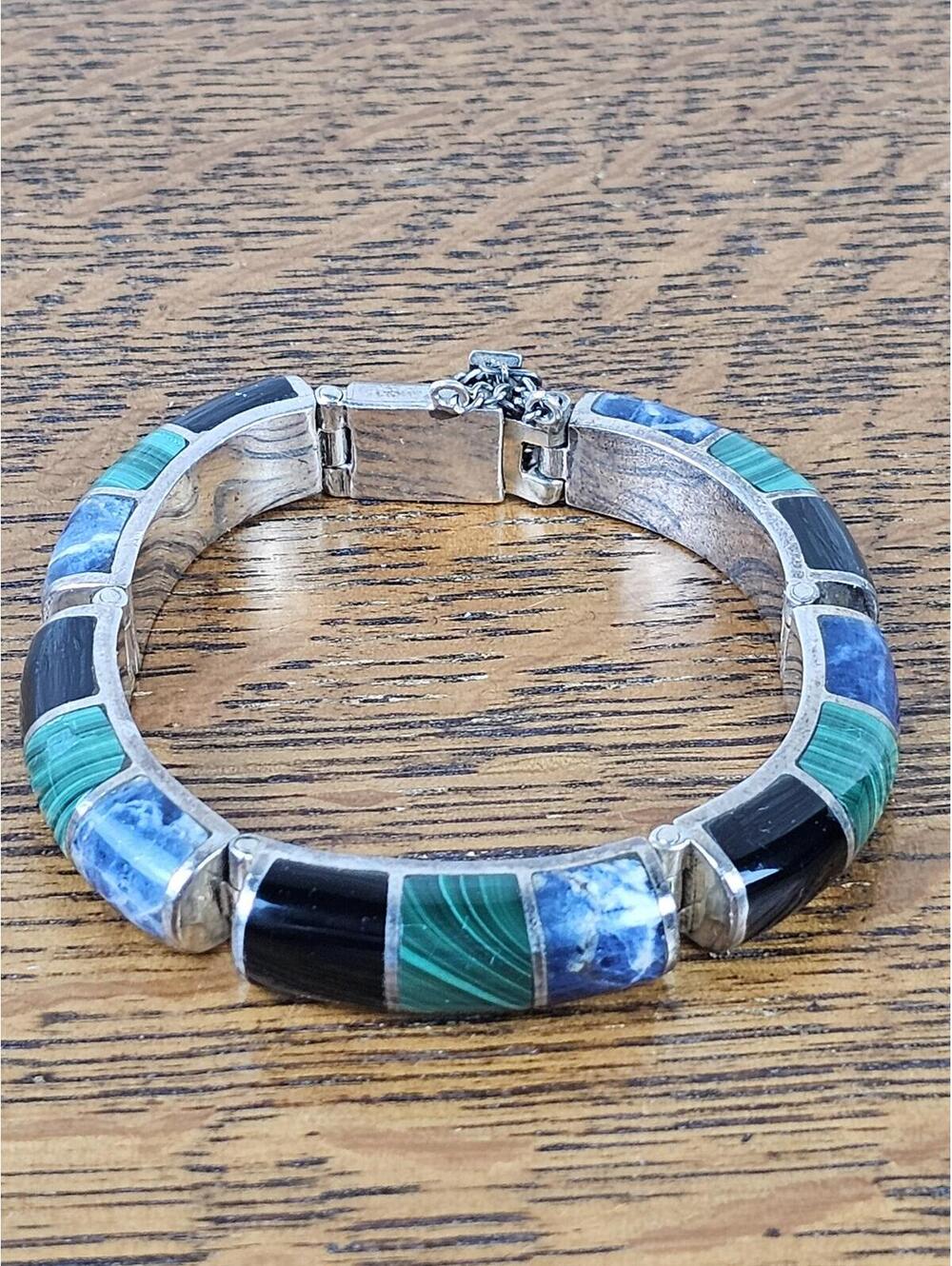 Vintage Taxco Mexico 950 Silver Malachite Sodalite Onyx Inlay Bracelet 70g 7" - Picture 7 of 11